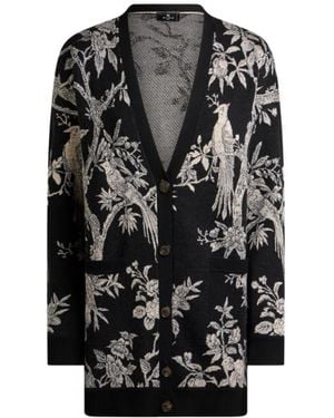 Etro Wool-Blend Jacquard Cardigan With Nature Motif - Black