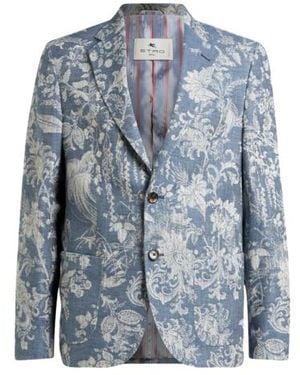 Etro Single-Breasted Cotton Jacquard Jacket With Floral Motif - Blue