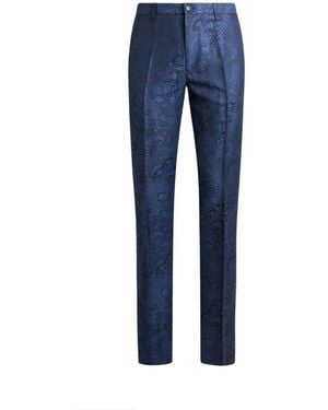 Etro Linen And Cotton Jacquard Pants With Floral Paisley Motif - Blue