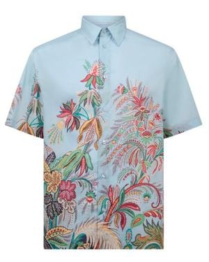 Etro Cotton Shirt With Placed Floral Print - Blue
