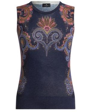 Etro Sleeveless Silk And Cashmere Top With Placed Paisley Print - Blue