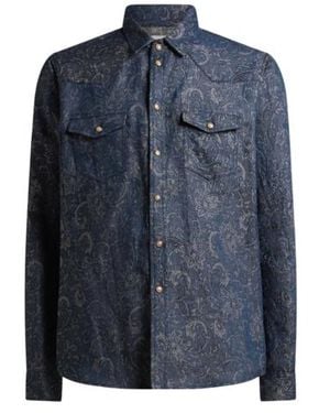 Etro Cotton And Linen Jacquard Denim Shirt With Leafy Paisley Motif - Blue
