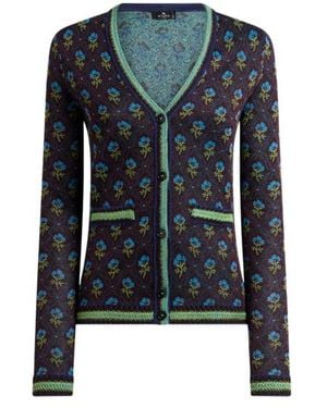 Etro Cardigan Jacquard Con Motivo Fiori A Rombi, Donna, Taglia - Blu