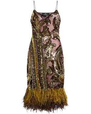 Etro Abito Al Ginocchio Con Paillettes E Piume Di Struzzo, Donna, Taglia - Neutro
