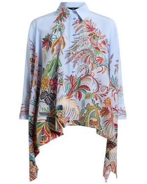 Etro Silk Shirt With Hanky Hem And Placed Paisley Foliage Print - Blue