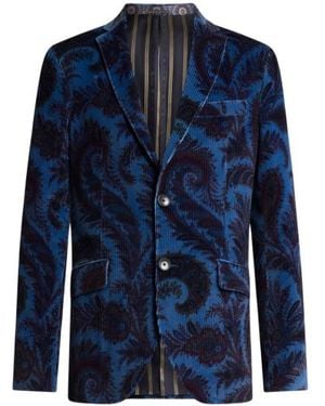 Etro Ribbed Velvet Jacket With Foliage Motif - Blue