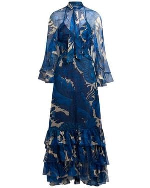Etro Dress With Maxi Floral Print And Detachable Cape - Blue