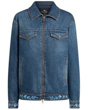 Etro Veste Zippée En Denim Brodé, Femme, Taille - Bleu
