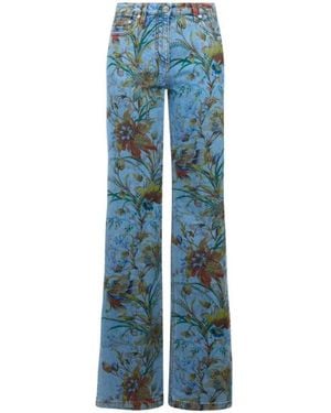 Etro Flared Cotton Denim Jeans With Floral Motif - Blue