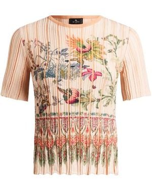 Etro Short-Sleeved Cotton-Blend Jumper With Pleating And Placed Print - White