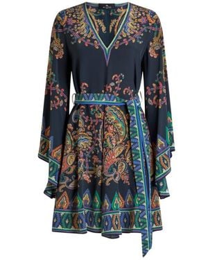 Etro Silk Mini Dress With Placed Floral Paisley Print And Belt - Blue