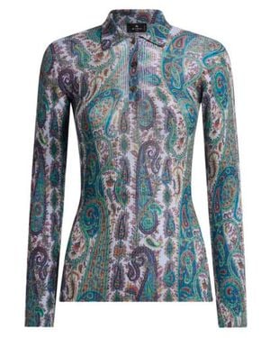 Etro Ribbed Wool Polo Shirt With Leafy Paisley Motif - Blue