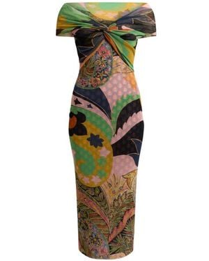 Etro Tulle Midi Dress With Open Shoulders And Two Prints - Green