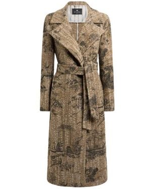 Etro Bouclé Wrap Coat With Flower And Animal Motif - Natural