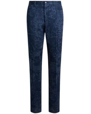 Etro Cotton Jacquard Pants With Floral Motif - Blue