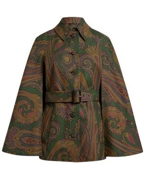 Etro Cotton Gabardine Trench Coat-Style Cape With Paisley Motif - Green