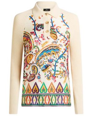 Etro Long-Sleeved Knit Cotton Polo Shirt With Silk Insert - White