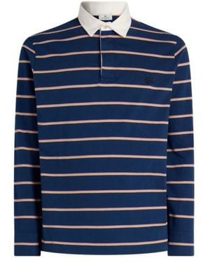 Etro Long-Sleeved Cotton Polo Shirt With Shirt Collar And Striped Motif - Blue