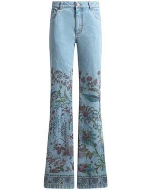 Etro Flared Denim Jeans With Placed Flora And Fauna Print - Blue