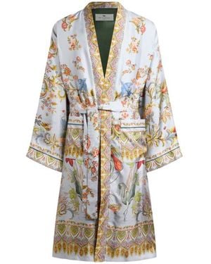 Etro Silk Robe With Placed Flora And Fauna Print - White