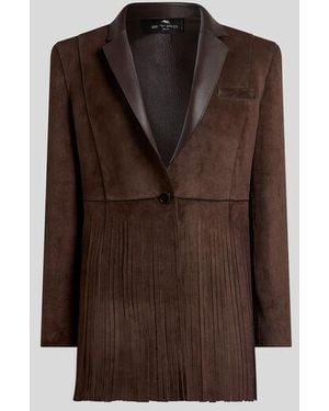Etro Single-Breasted Suede Jacket With Fringing - Brown