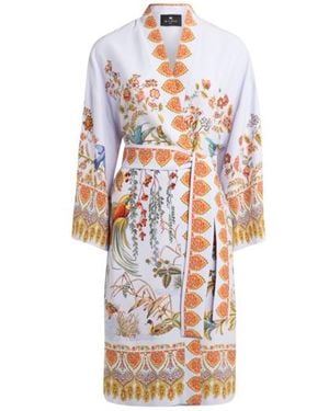 Etro Silk Kimono With Placed Flora And Fauna Print - White