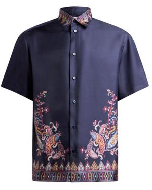 Etro Short-Sleeved Silk Shirt With Placed Print - Blue