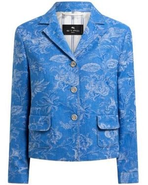 Etro Cropped Cotton And Linen Jacquard Denim Jacket With Floral Motif - Blue