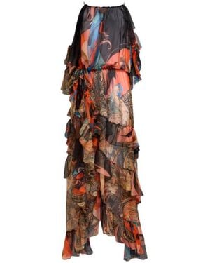Etro Long Silk Dress With Ruffles And Two Motifs - Brown