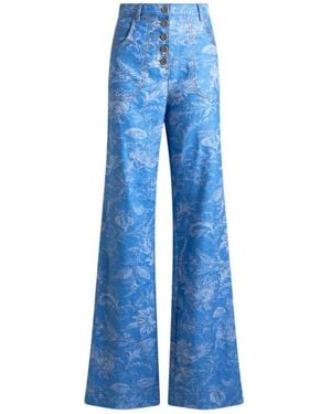 Etro Flared Cotton And Linen Jacquard Denim Jeans With Floral Motif - Blue
