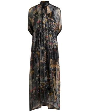 Etro Long Silk Dress With Cape Detail And Flower And Animal Motif - Black