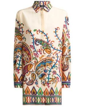 Etro Long Silk Shirt With Placed Floral Paisley Print - White