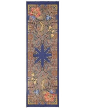 Etro Wool, Cashmere And Silk Scarf With Paisley And Flower Motif - Blue