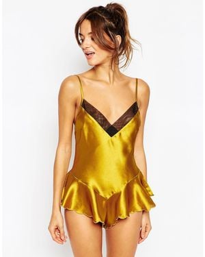 ASOS Flirty High Leg Satin Teddy - Yellow