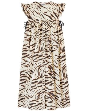 Ganni Tiger-Print Ruffled Midi Dress - White