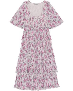 Ganni Geblümtes Midikleid mit Falten - Lila