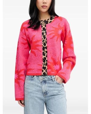 Never Fully Dressed Leopard-Trim Floral-Intarsia Cardigan - Red