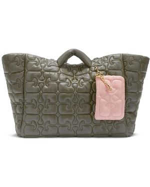 Ganni Logo-Quilted Tote Bag - Grey