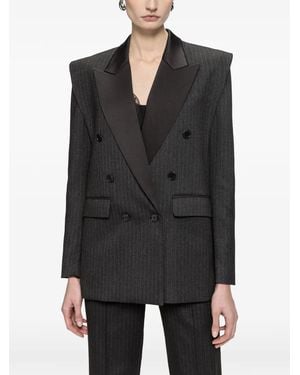 Nissa Pinstripe Contrast-Lapel Double-Breasted Blazer - Black