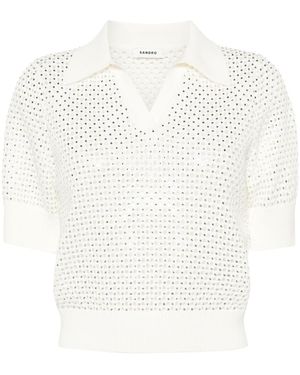 Sandro Cropped Knit Polo Sweater - White