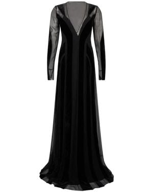 Alberta Ferretti Sheer-Panelled Velvet-Trim Maxi Dress - Black