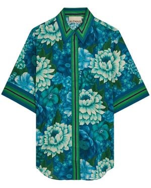 ALÉMAIS Margo Floral-Print Striped-Trim Shirt - Blue
