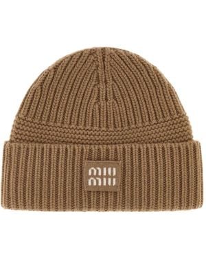 Miu Miu Camel Wool Blend Beanie Hat - Brown