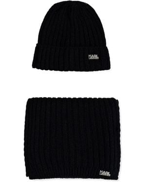 KARL LAGERFELD Logo-Plaque Beanie Hat And Scarf Set - Black
