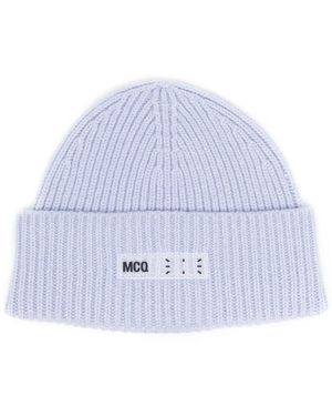 McQ Logo-Print Ribbed-Knit Beanie - White