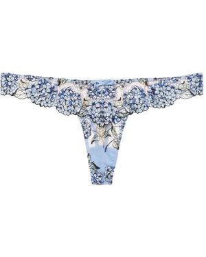 Fleur du Mal Floral-Embroidered Scalloped-Edge Thong - Blue