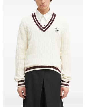 Fred Perry Cable-Knit V-Neck Jumper - White