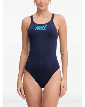 Nike Logo-Print Crossover Swimsuit - Blue