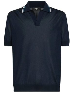 Fendi Striped-Trim Intarsia-Logo Polo Shirt - Blue