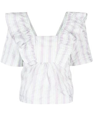 Ganni Striped Seersucker Ruffle Blouse - White